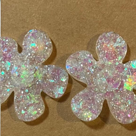 Handmade epoxy resin large flower earrings - translucent holographic glitter - Picture 1 of 3